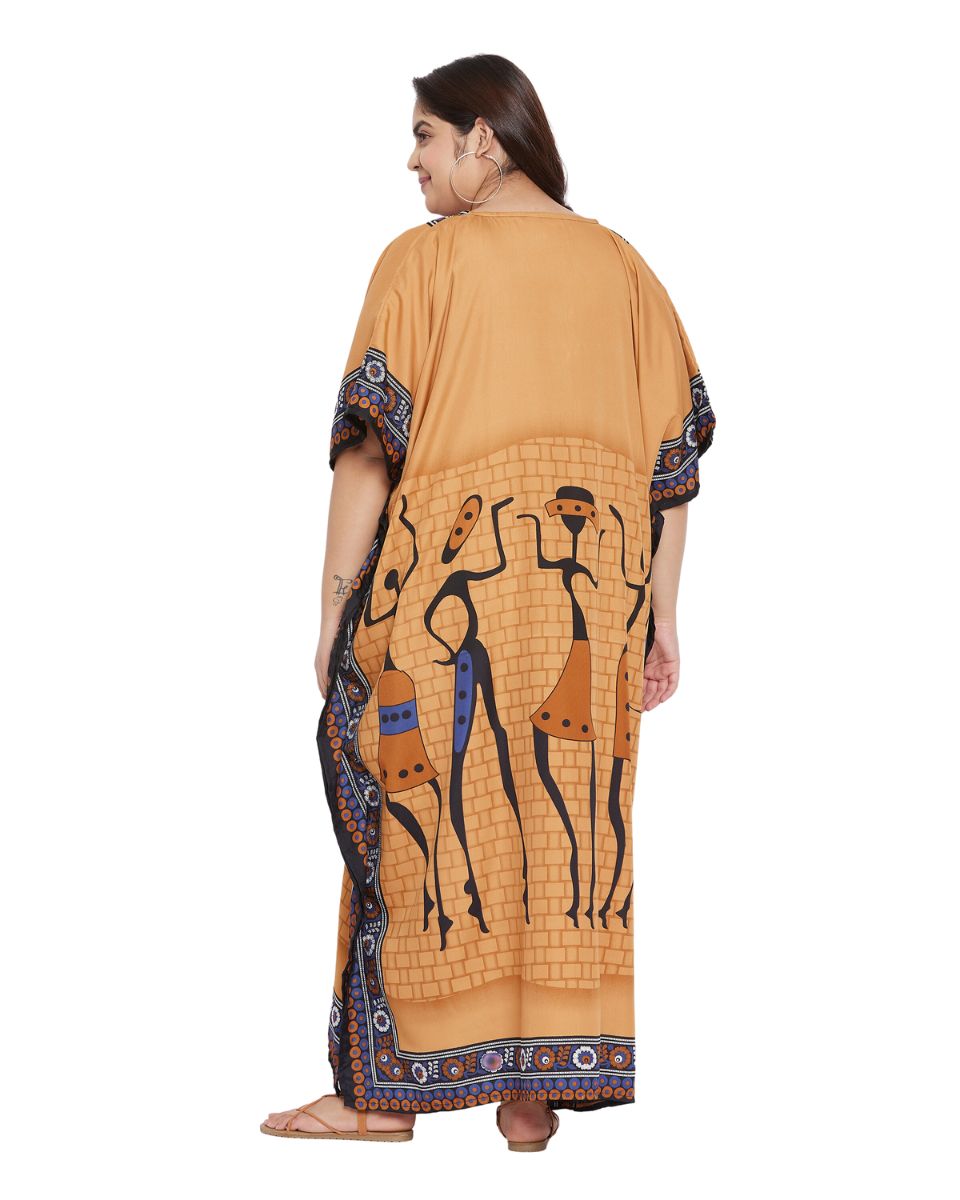 Printed Tribal Yellow Polyester Kaftan Dress For Plus Size Women
