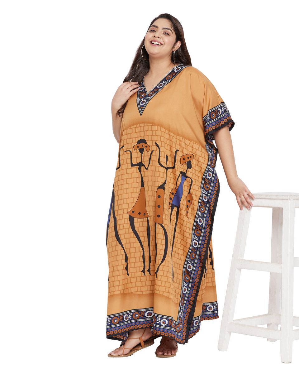 Printed Tribal Yellow Polyester Kaftan Dress For Plus Size Women