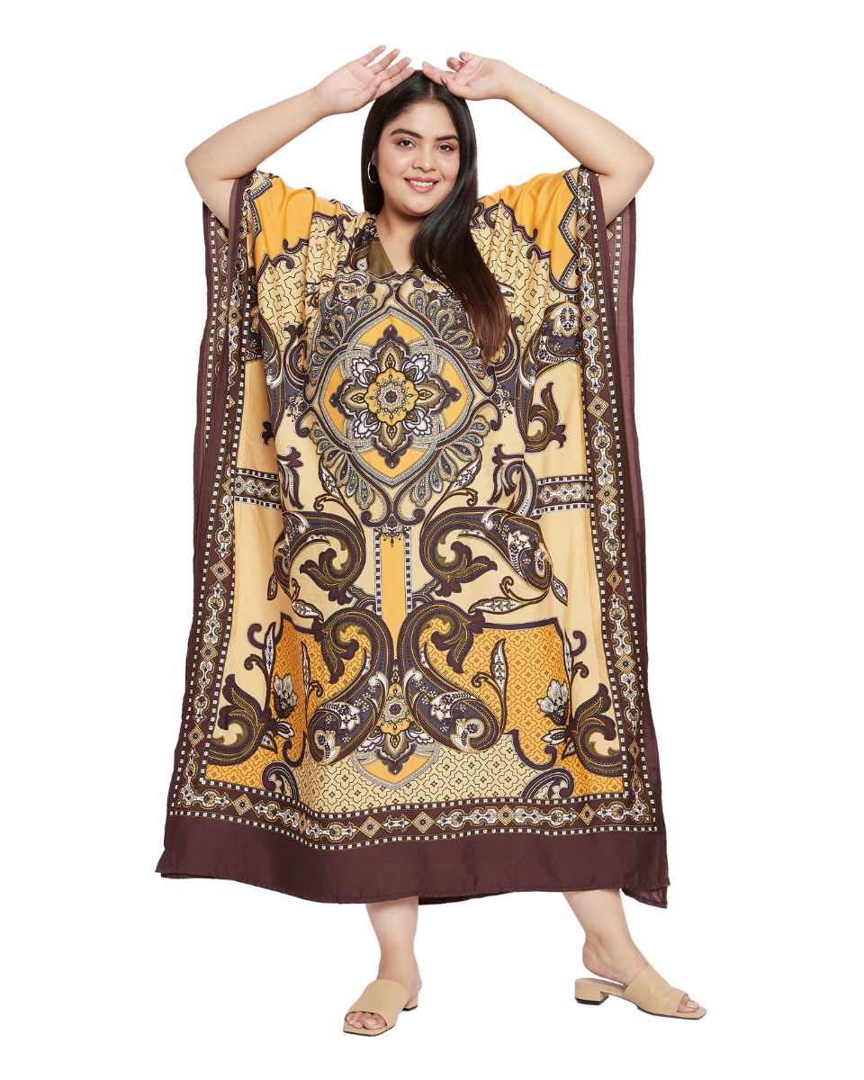 Floral Printed Yellow Polyester Kaftan Plus Size Dress For Women