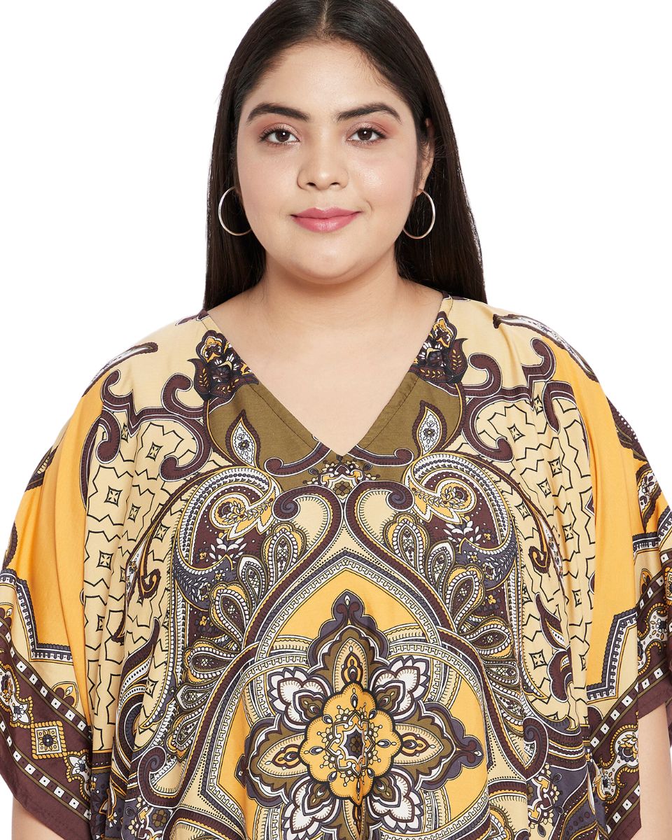 Floral Printed Yellow Polyester Kaftan Plus Size Dress For Women