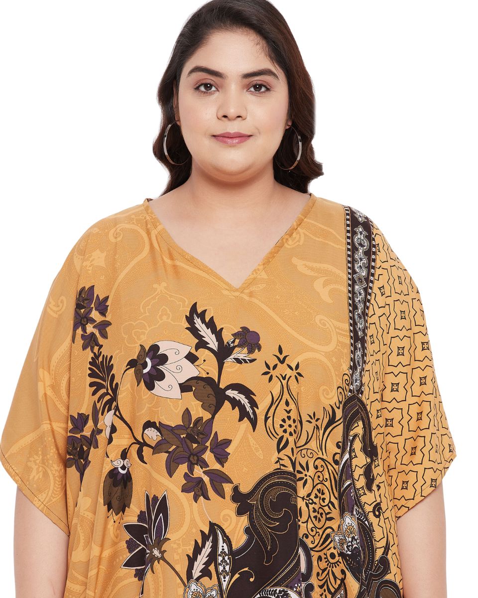 Floral Printed Brown Polyester Plus size Kaftan Dress For Women
