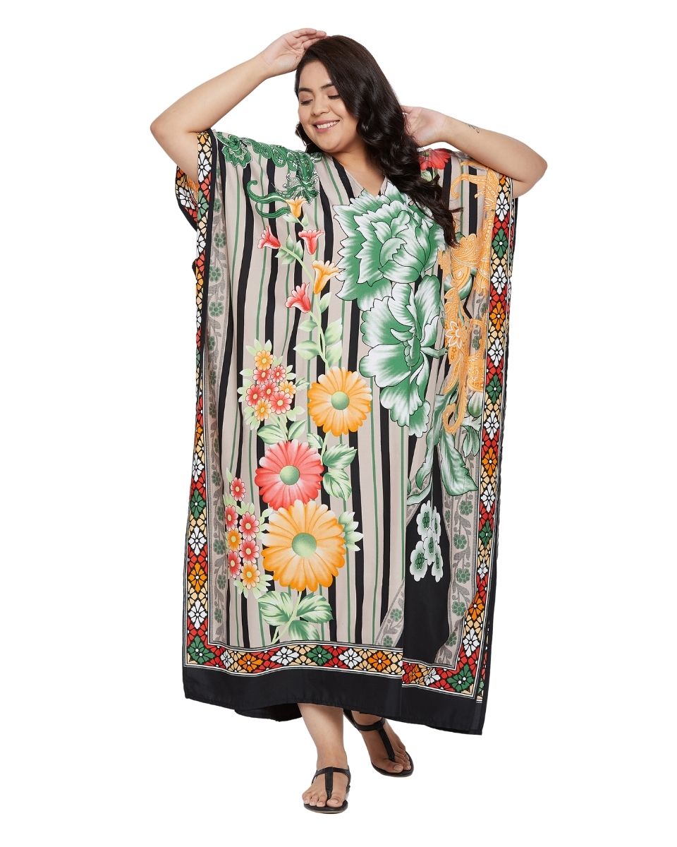 Floral Printed Multicolor Polyester Kaftan Dress For Plus Size Women