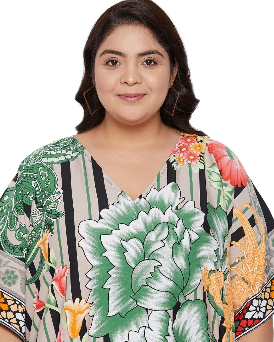 Floral Printed Multicolor Polyester Kaftan Dress For Plus Size Women