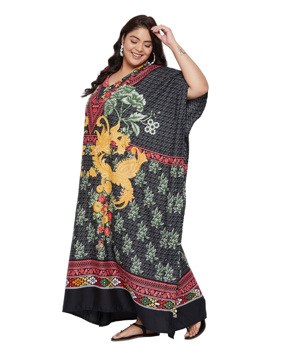 Floral Printed Black Polyester Kaftan Dress For Plus Size Women