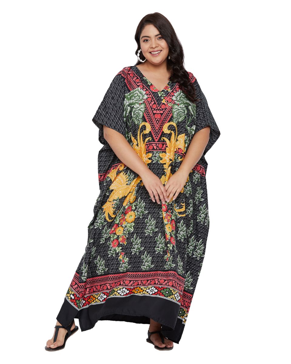 Floral Printed Black Polyester Kaftan Dress For Plus Size Women