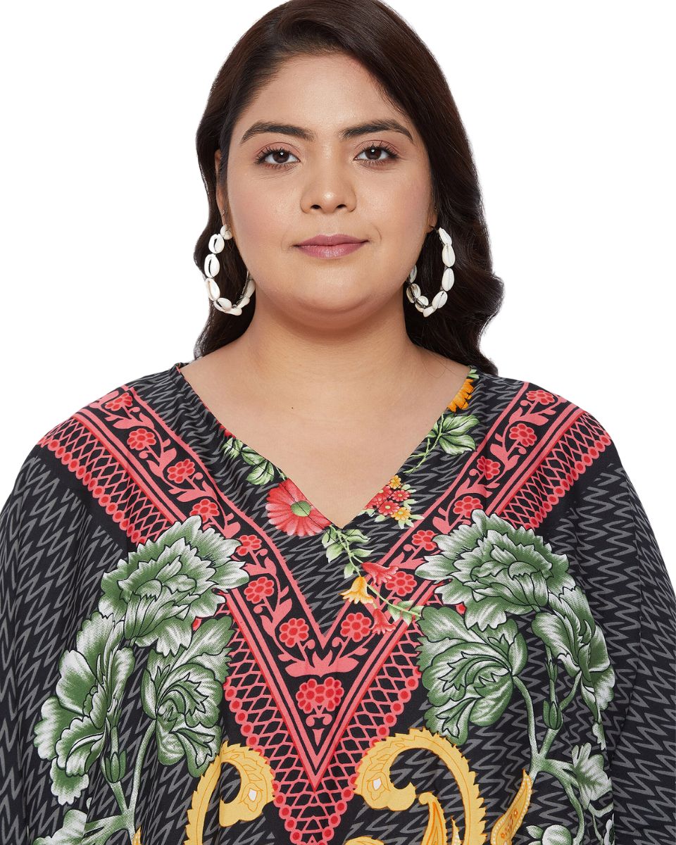Floral Printed Black Polyester Kaftan Dress For Plus Size Women