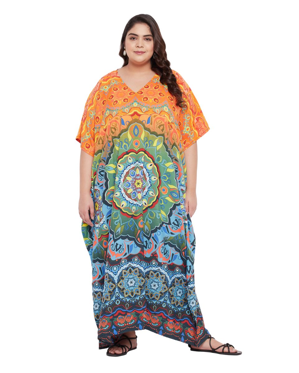 Abstract Printed Multicolor Polyester Kaftan Dress For plus size Women