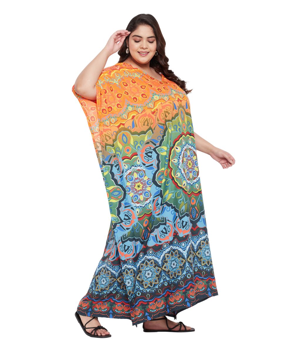 Abstract Printed Multicolor Polyester Kaftan Dress For plus size Women