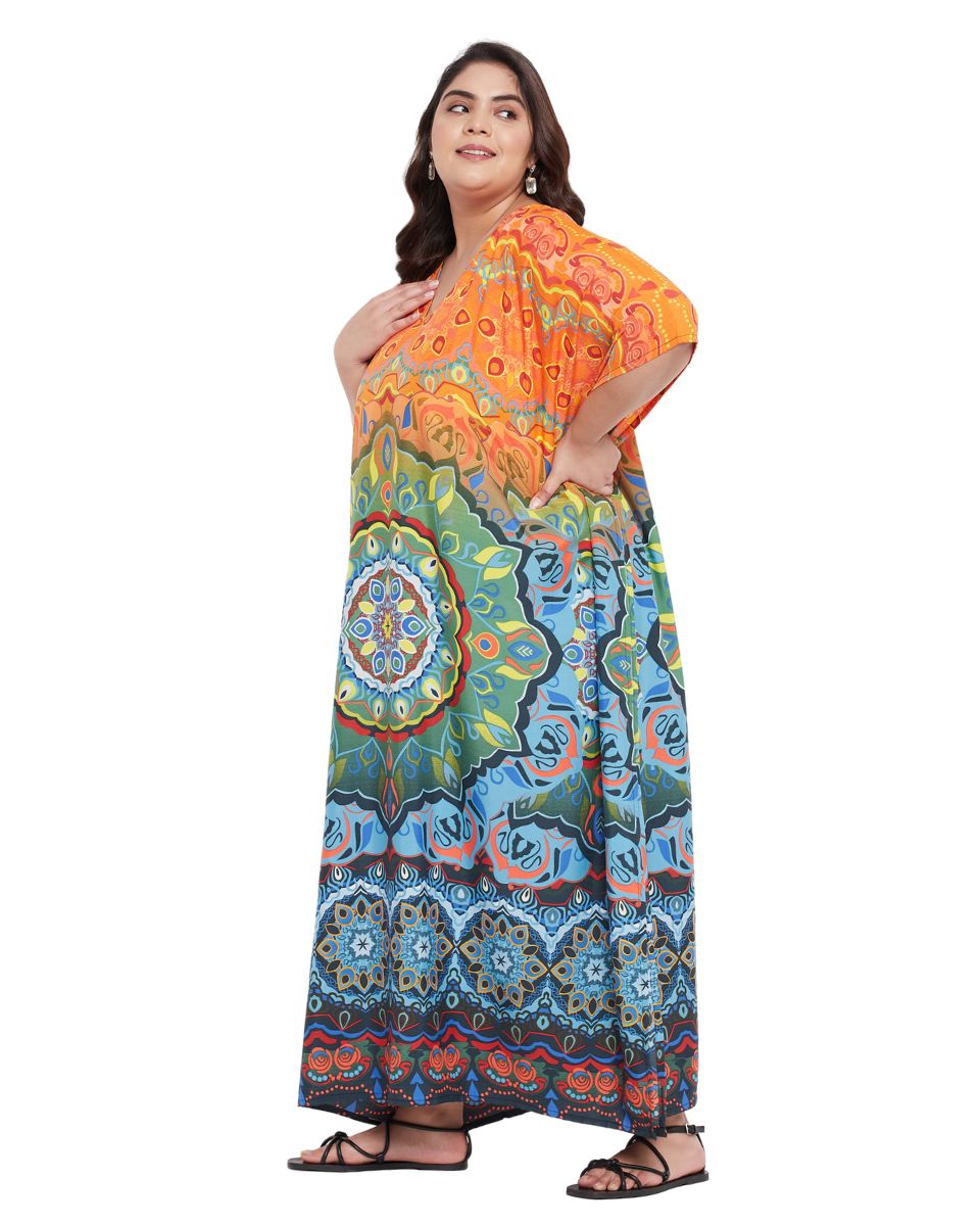 Abstract Printed Multicolor Polyester Kaftan Dress For plus size Women
