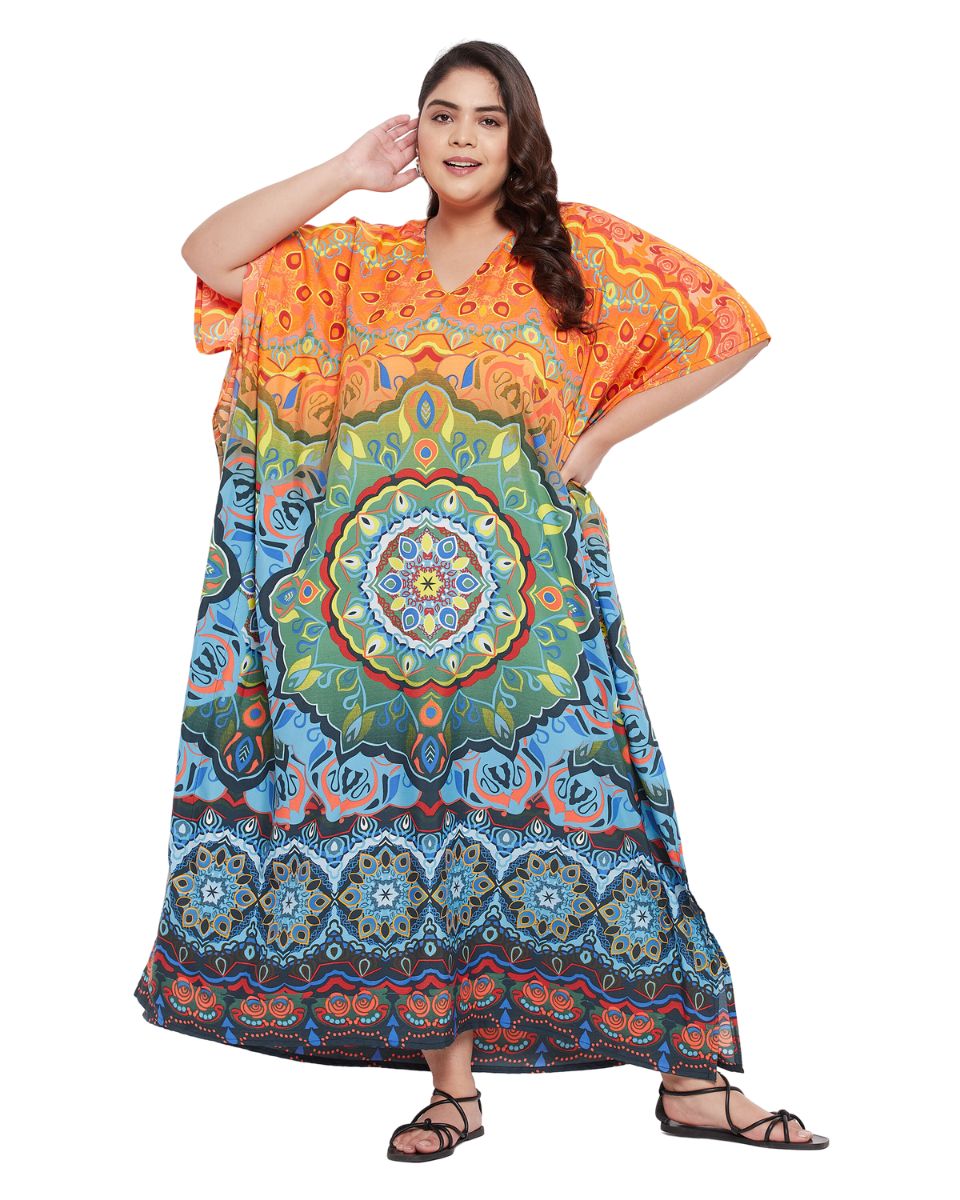 Abstract Printed Multicolor Polyester Kaftan Dress For plus size Women