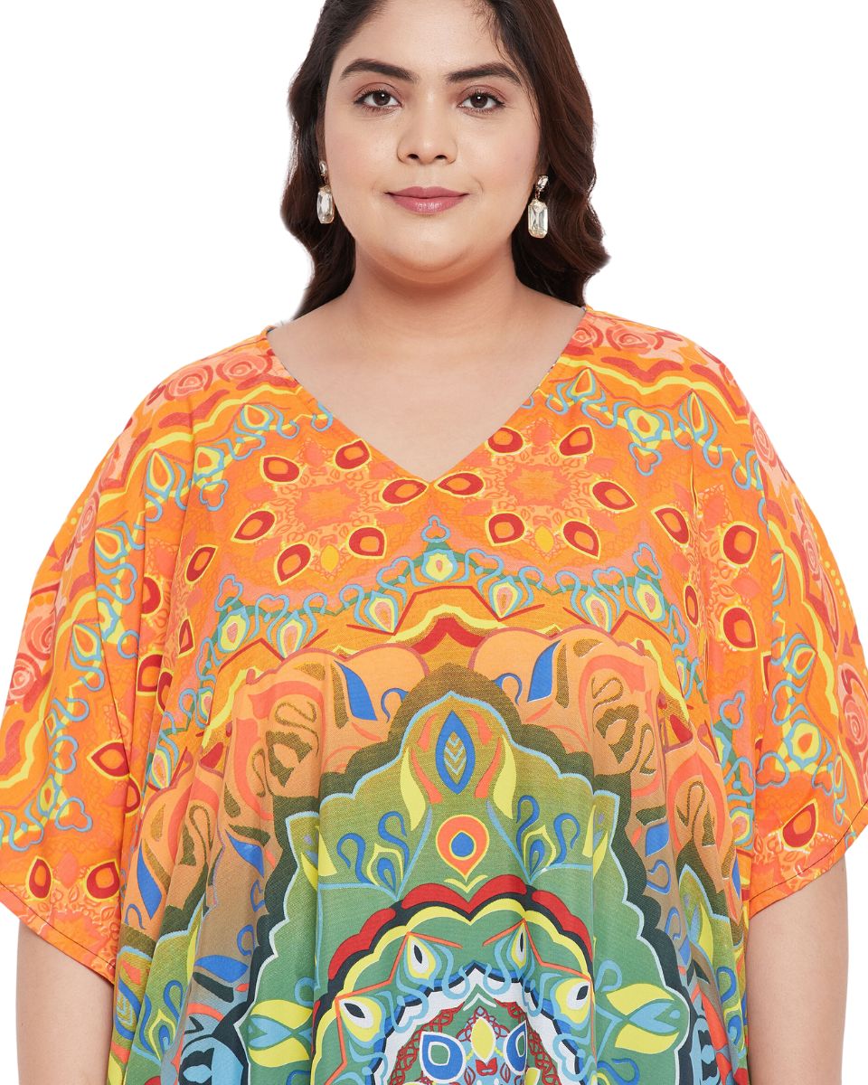 Abstract Printed Multicolor Polyester Kaftan Dress For plus size Women
