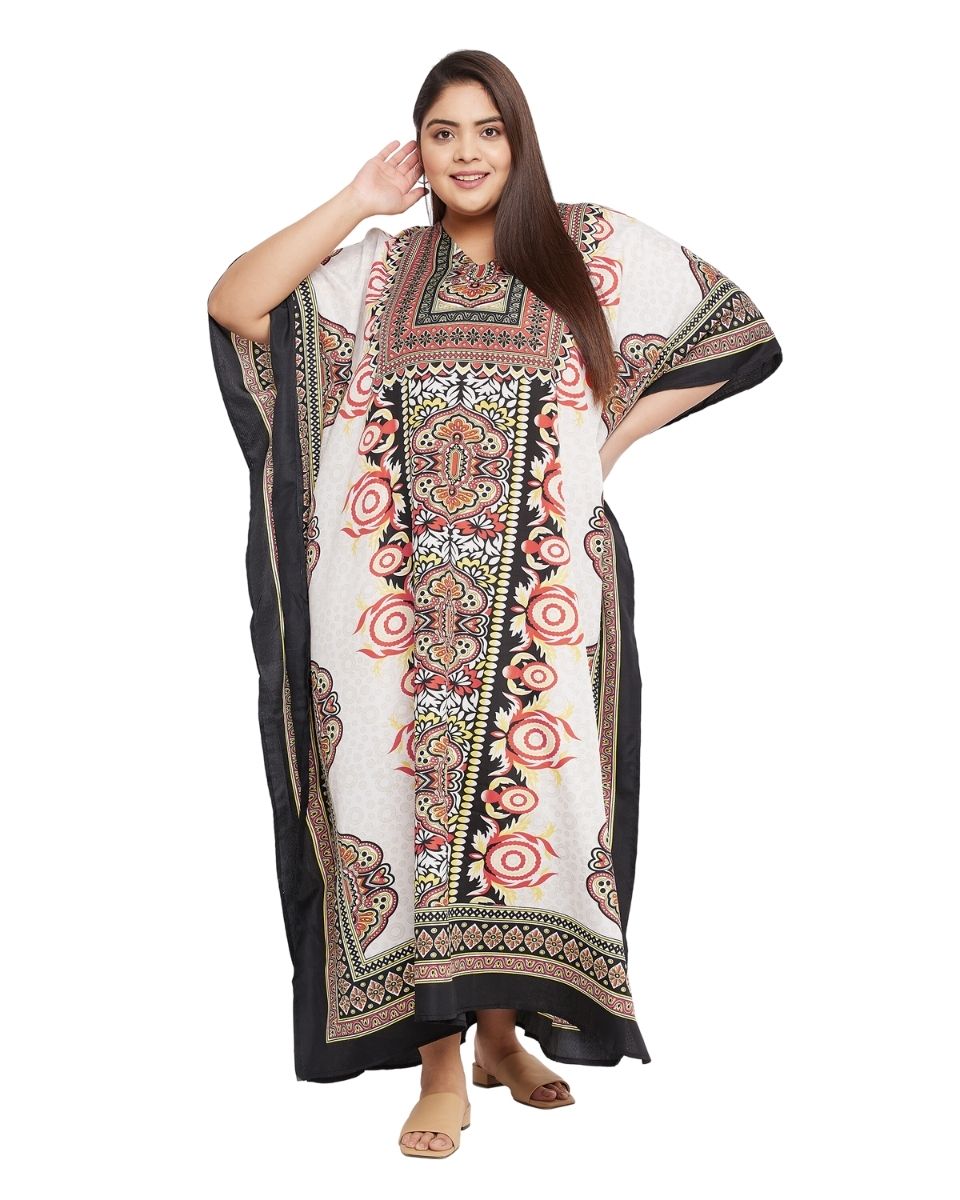 Floral Printed White Polyester Kaftan Plus Size Dress For Women