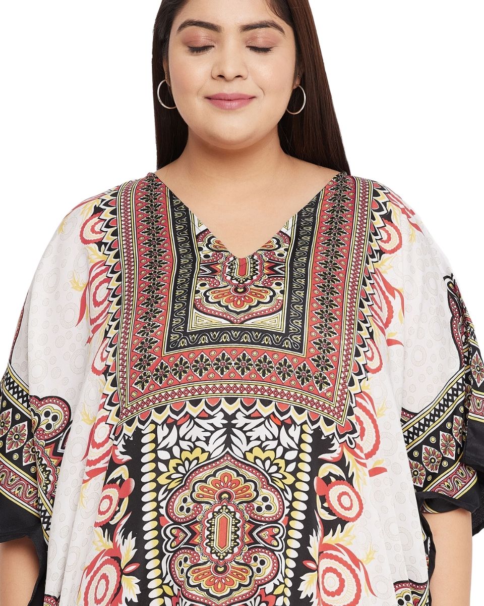 Floral Printed White Polyester Kaftan Plus Size Dress For Women
