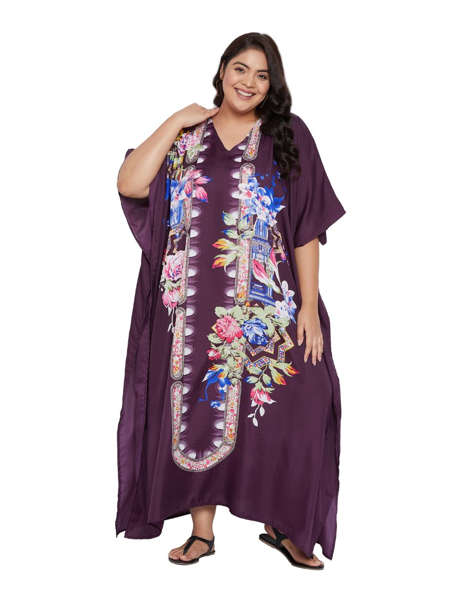 Floral Printed Plus Size Purple Polyester Kaftan Dress For Women