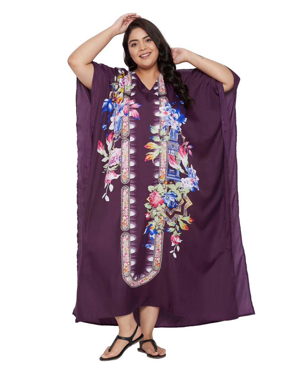 Floral Printed Plus Size Purple Polyester Kaftan Dress For Women
