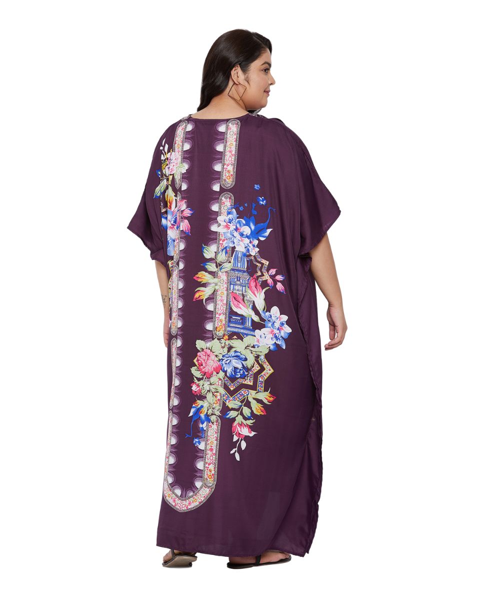 Floral Printed Plus Size Purple Polyester Kaftan Dress For Women