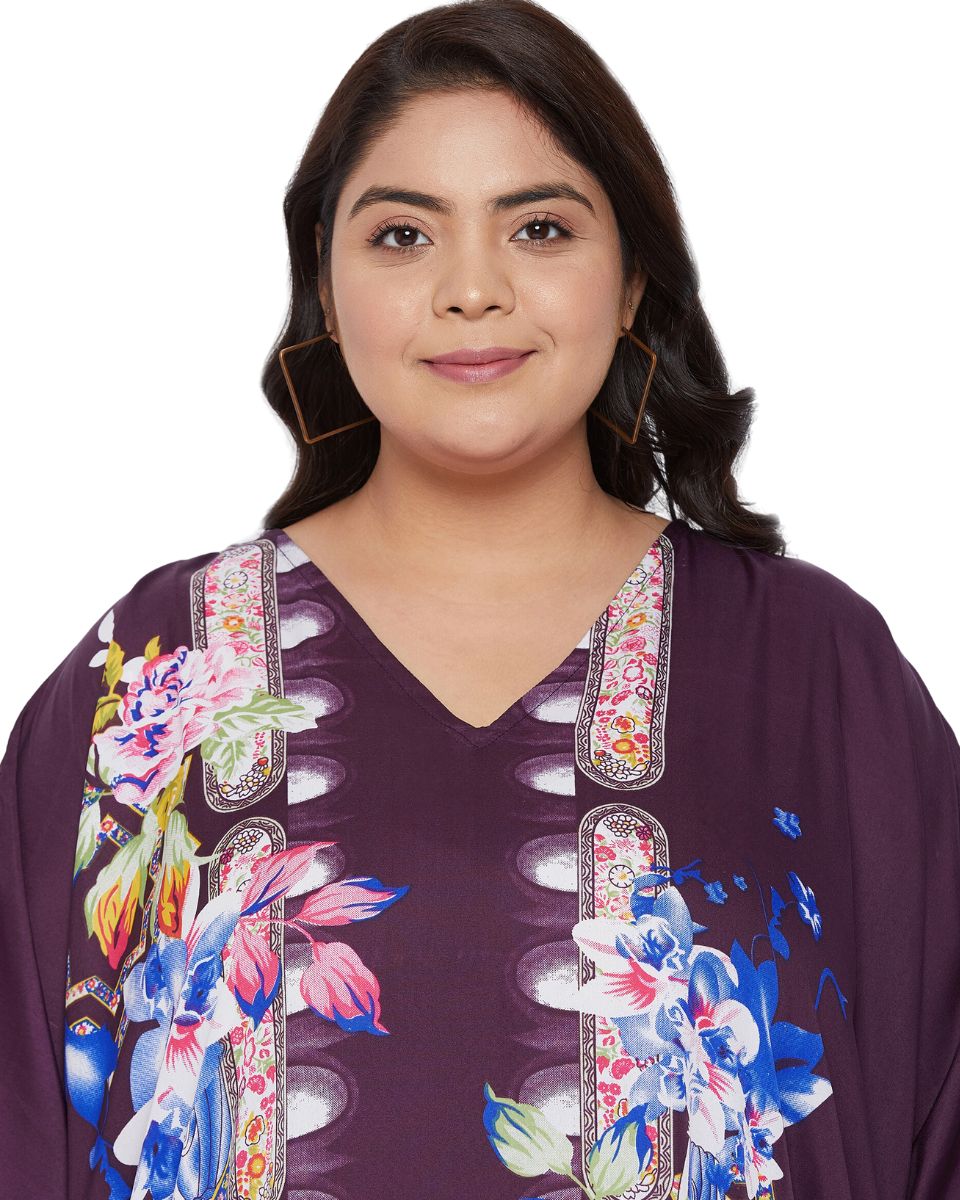 Floral Printed Plus Size Purple Polyester Kaftan Dress For Women