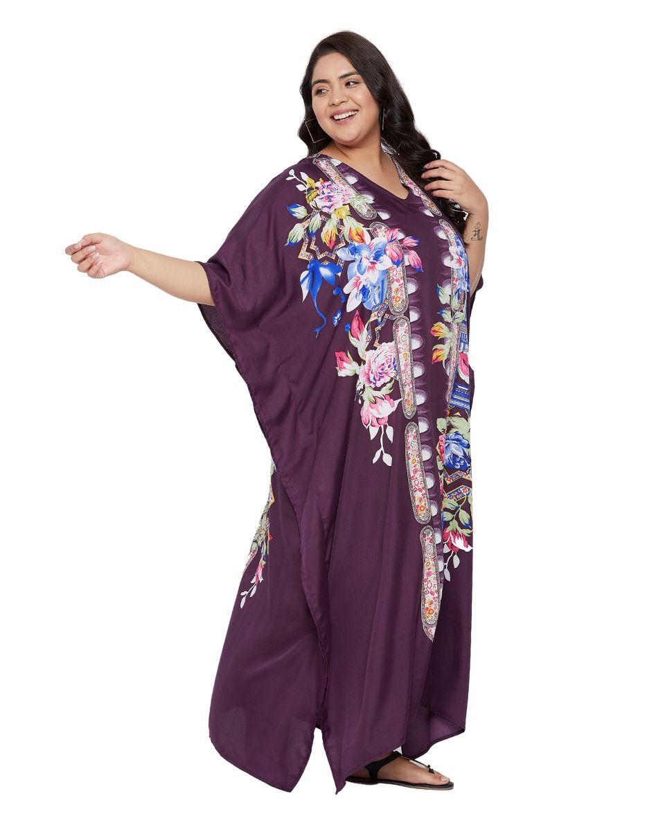 Floral Printed Plus Size Purple Polyester Kaftan Dress For Women