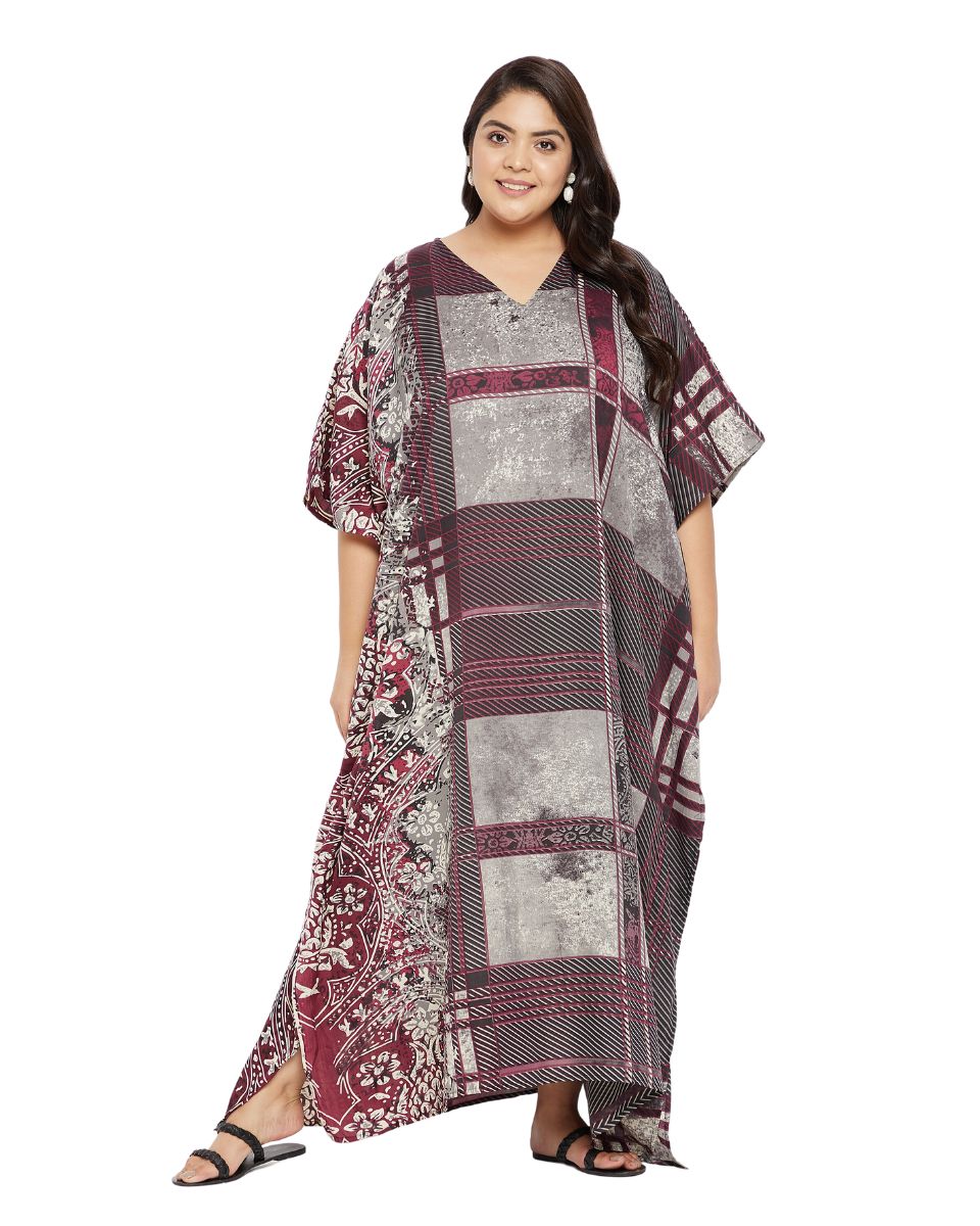 Geometric Plus Size Printed Maroon Polyester Kaftan Dress For Women