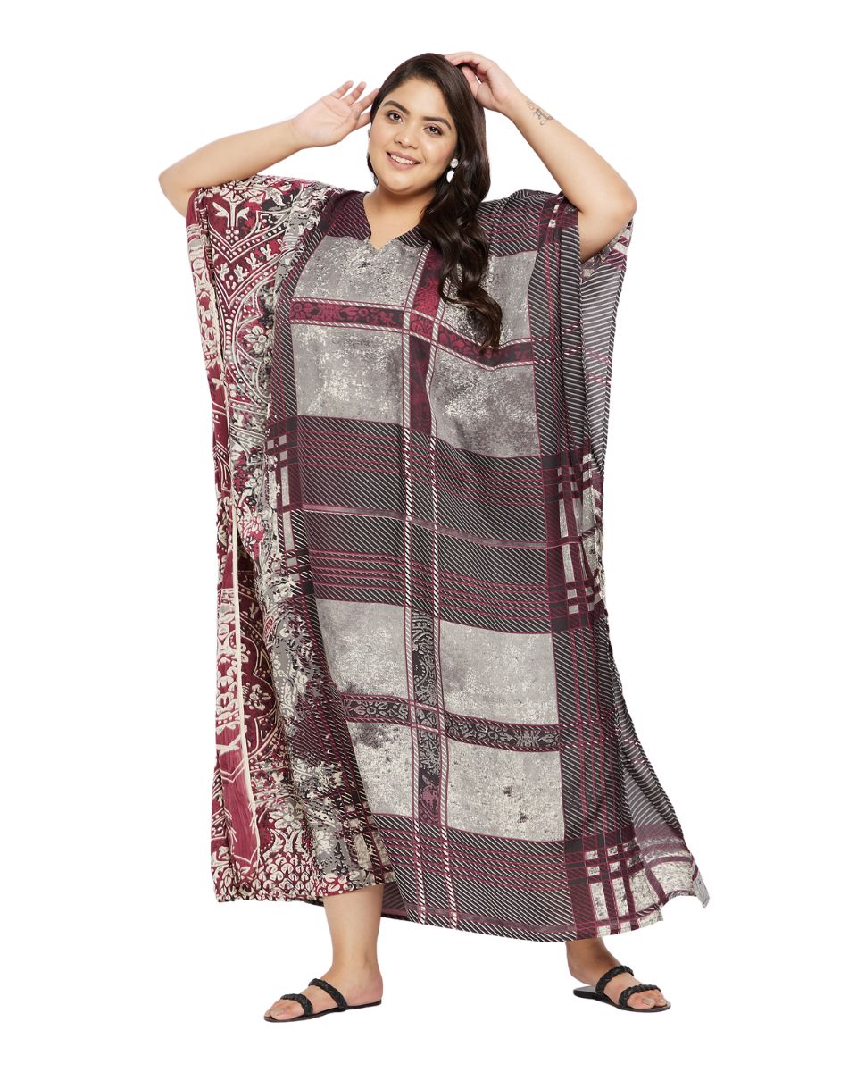 Geometric Plus Size Printed Maroon Polyester Kaftan Dress For Women