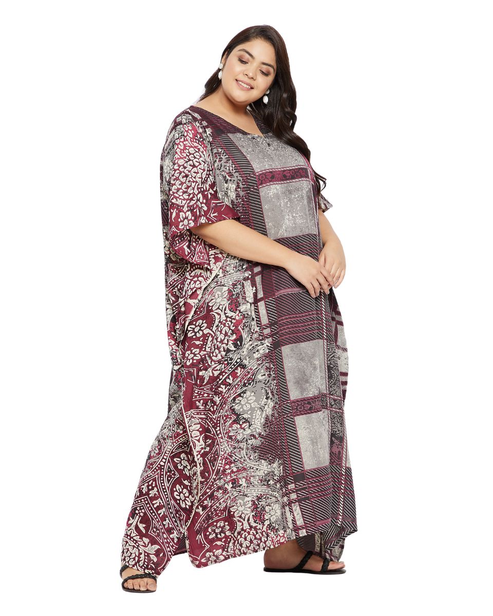 Geometric Plus Size Printed Maroon Polyester Kaftan Dress For Women