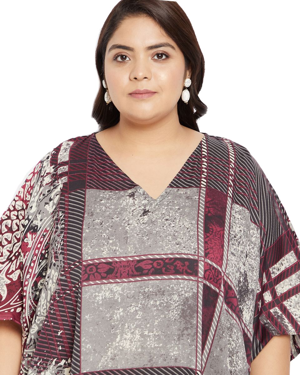 Geometric Plus Size Printed Maroon Polyester Kaftan Dress For Women