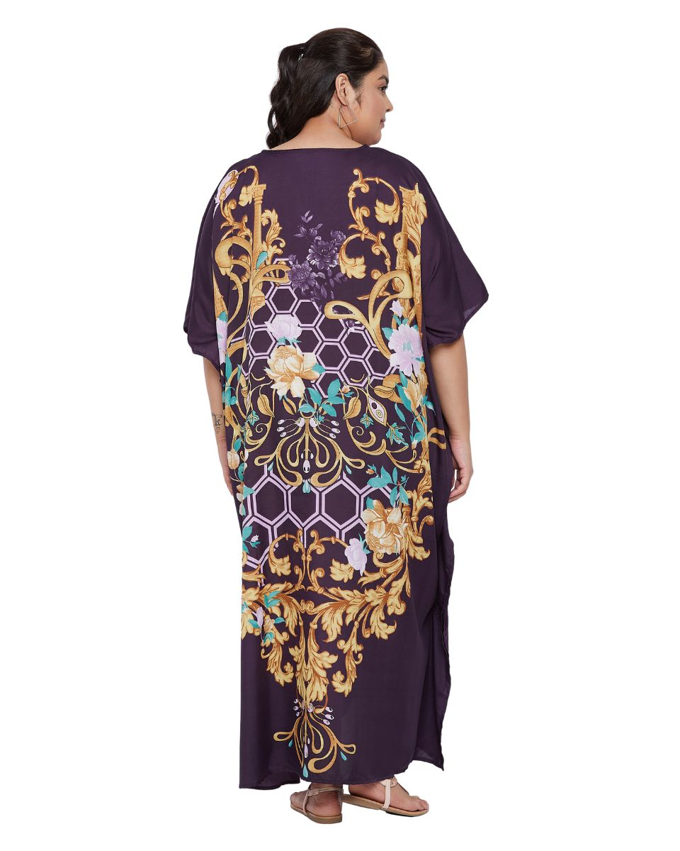 Floral Printed Purple Polyester Plus Size Kaftan Dress For Women