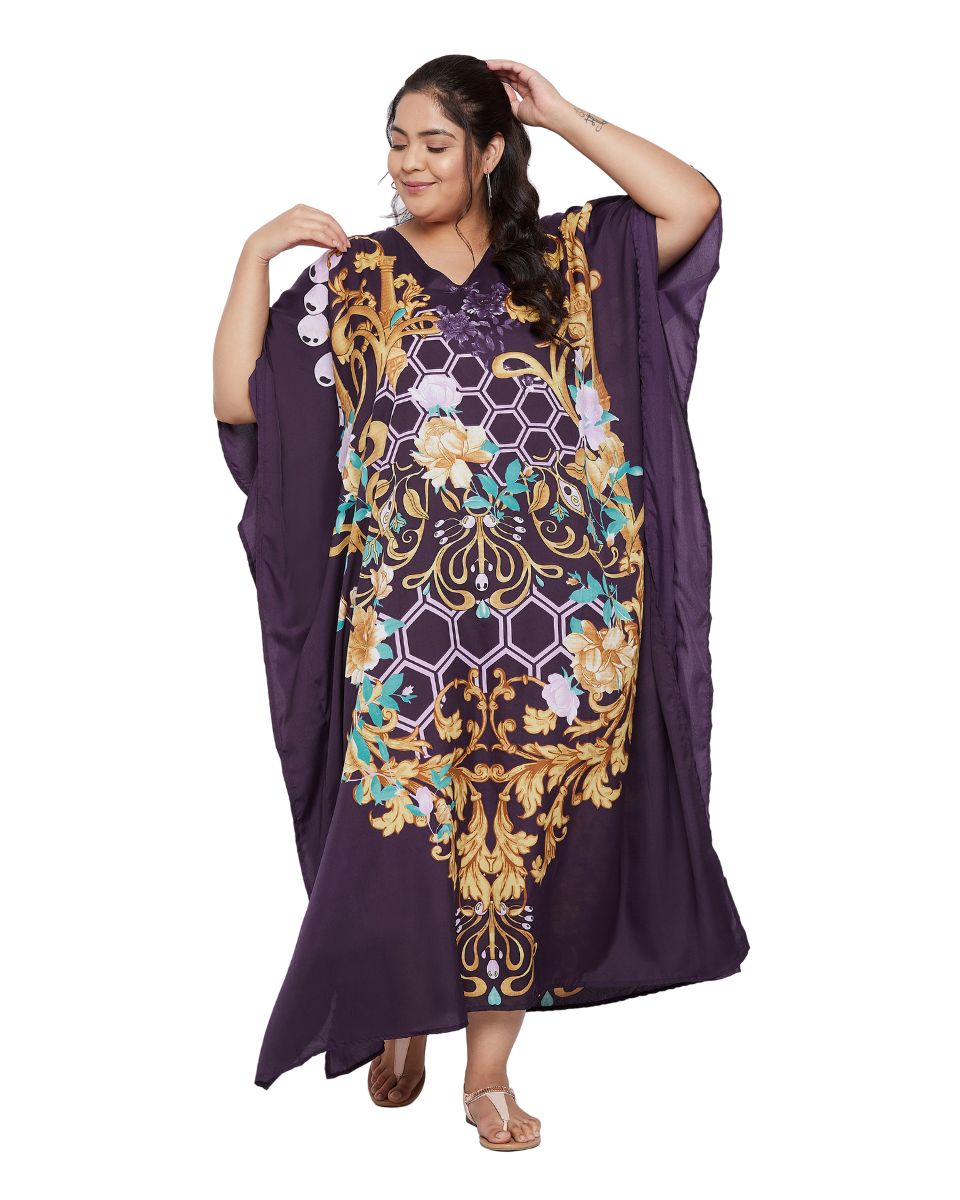 Floral Printed Purple Polyester Plus Size Kaftan Dress For Women