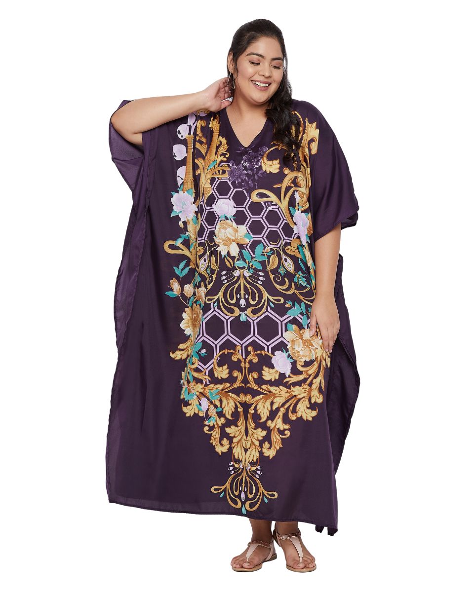 Floral Printed Purple Polyester Plus Size Kaftan Dress For Women