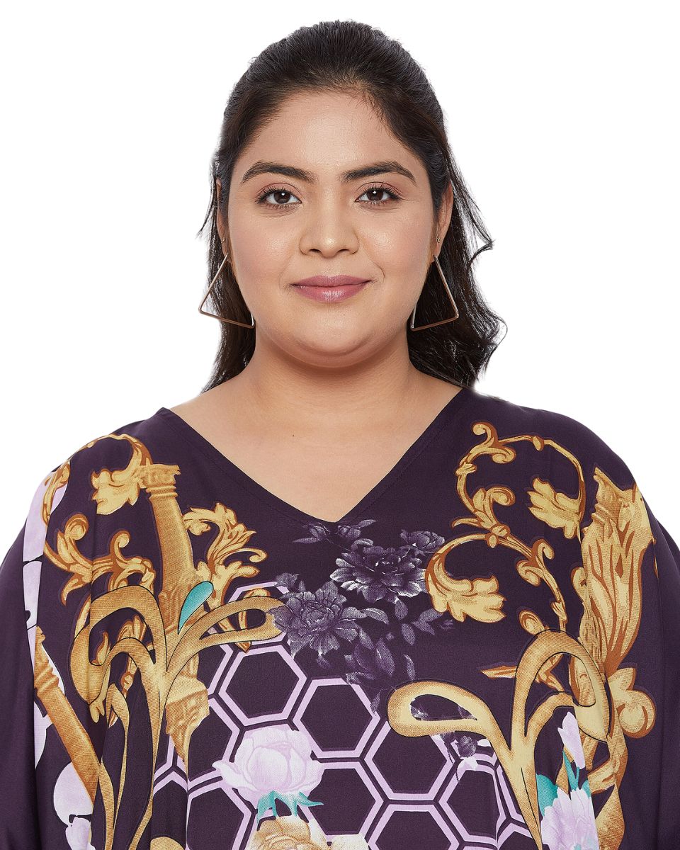Floral Printed Purple Polyester Plus Size Kaftan Dress For Women