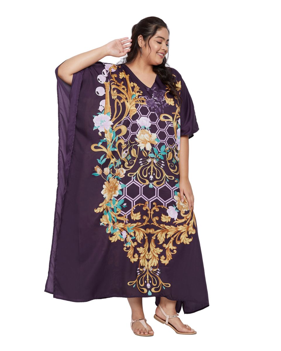 Floral Printed Purple Polyester Plus Size Kaftan Dress For Women