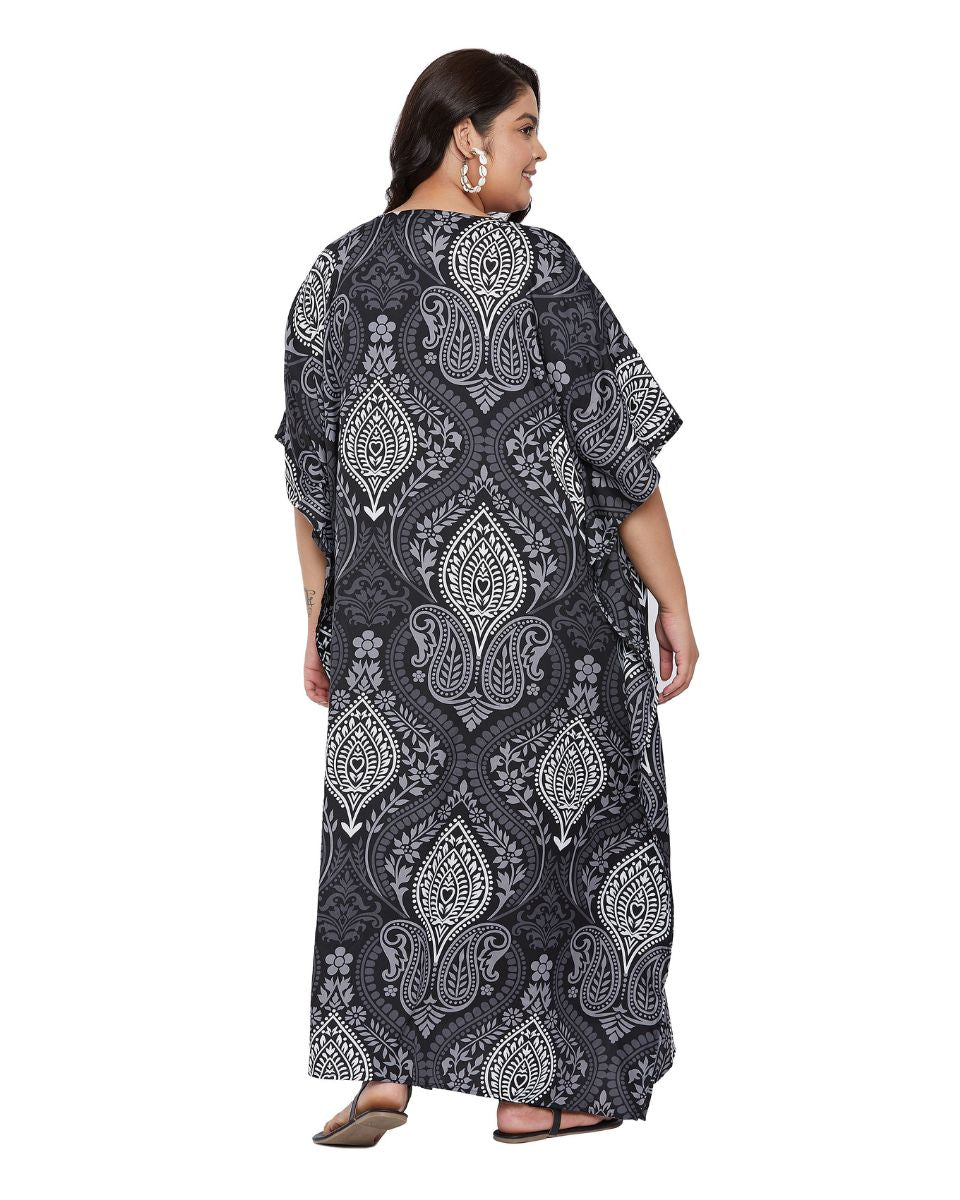 Floral Printed Black Polyester Kaftan Plus Size Dress For Women