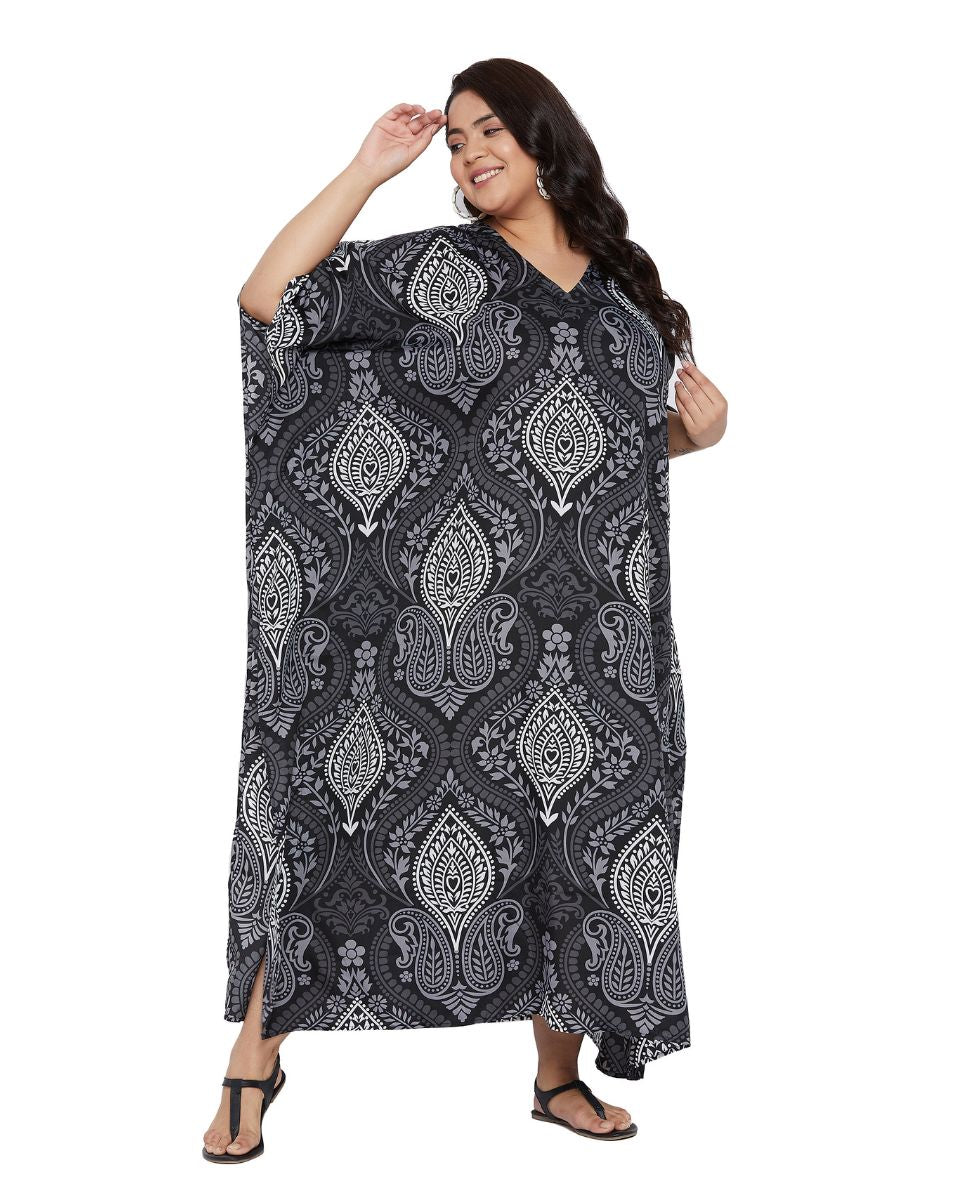 Floral Printed Black Polyester Kaftan Plus Size Dress For Women