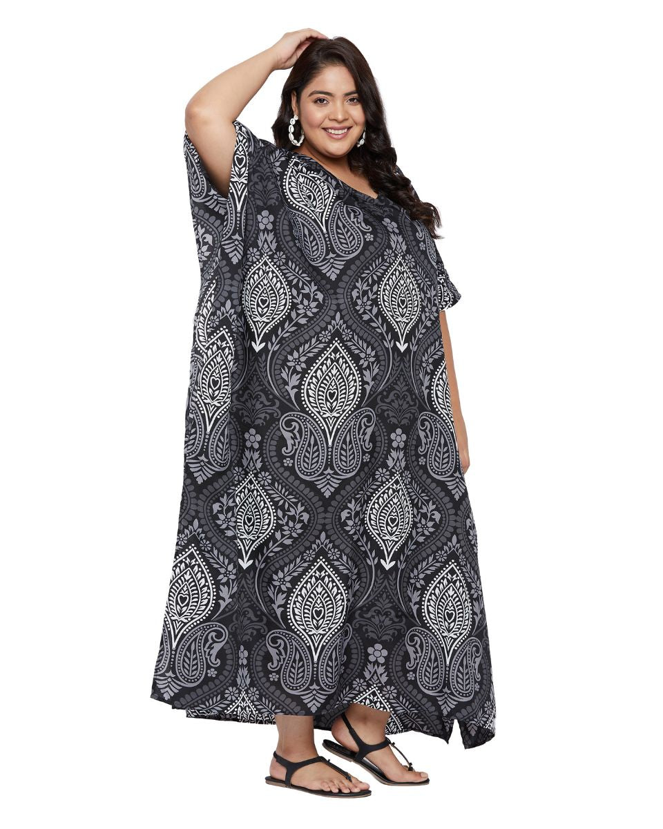 Floral Printed Black Polyester Kaftan Plus Size Dress For Women