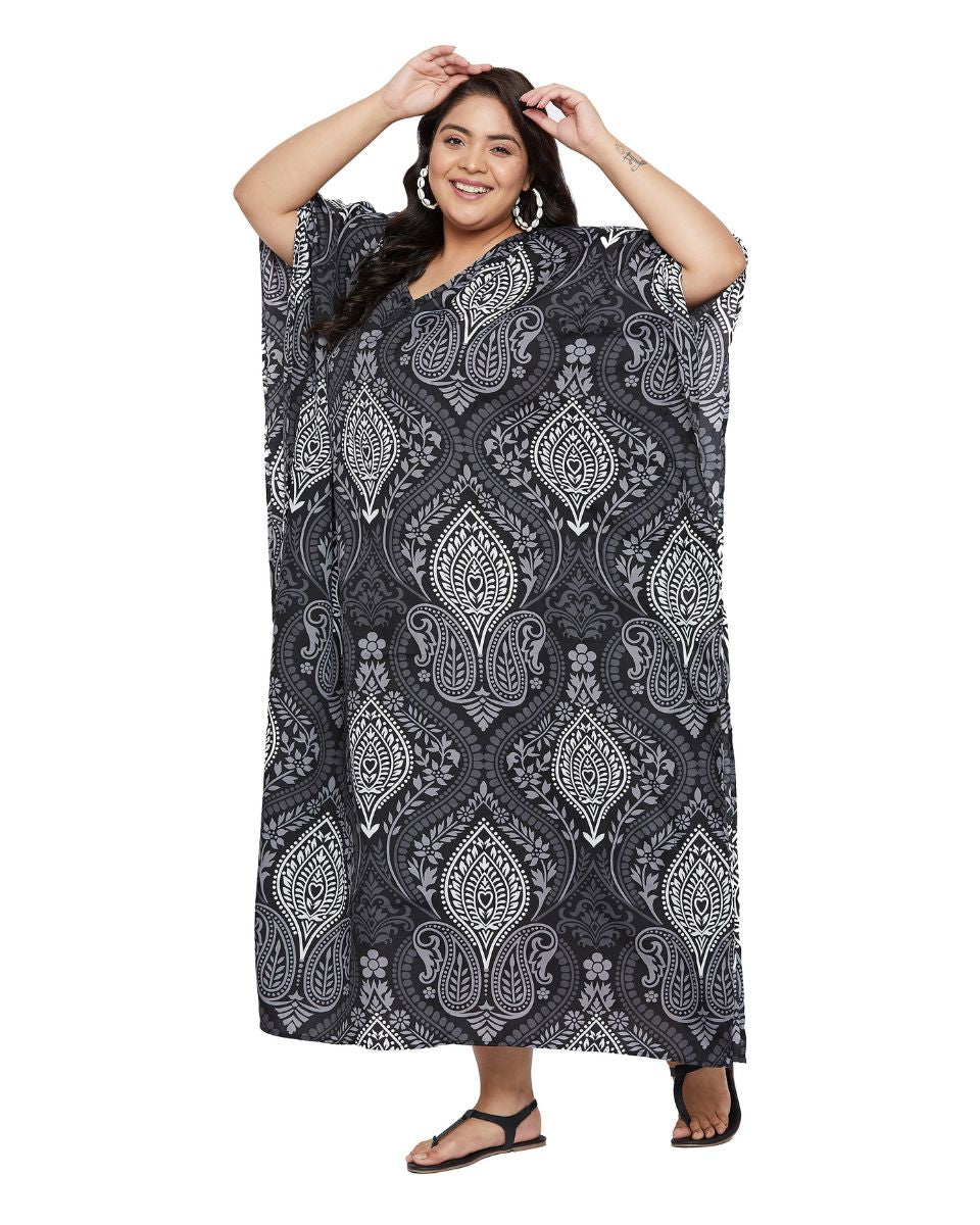Floral Printed Black Polyester Kaftan Plus Size Dress For Women