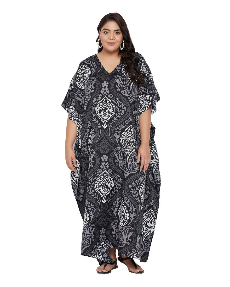 Floral Printed Black Polyester Kaftan Plus Size Dress For Women