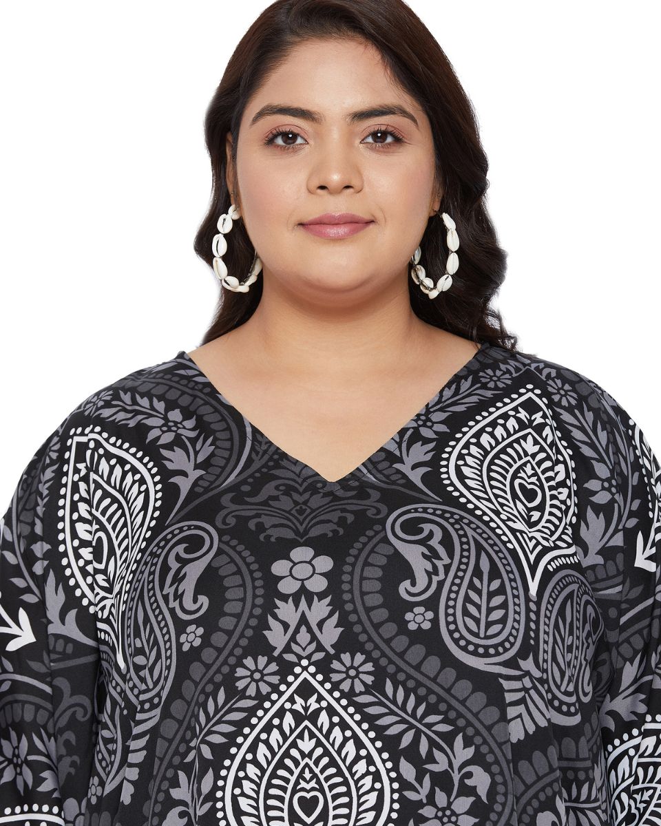 Floral Printed Black Polyester Kaftan Plus Size Dress For Women