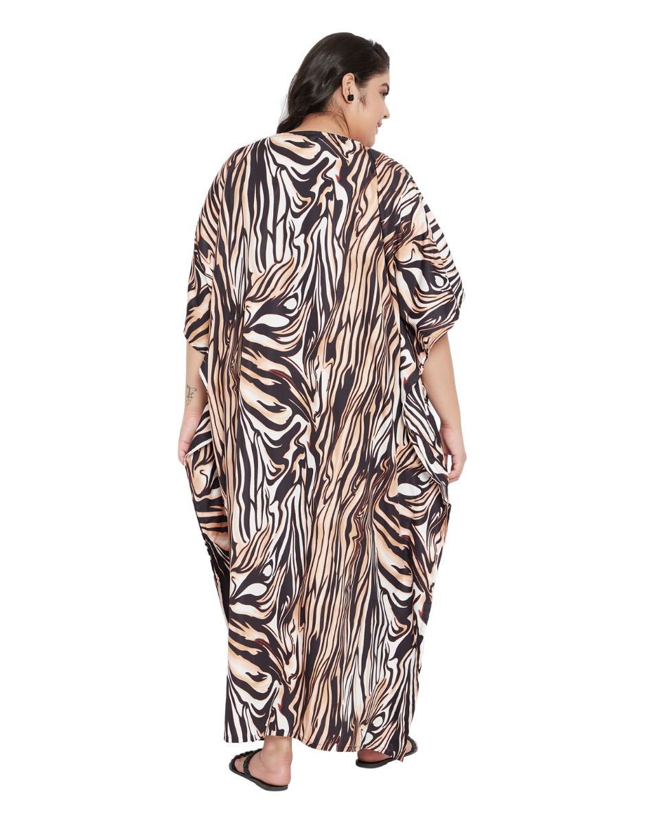 Abstract Brown and Black Polyester Women Kaftan Beach Cover up