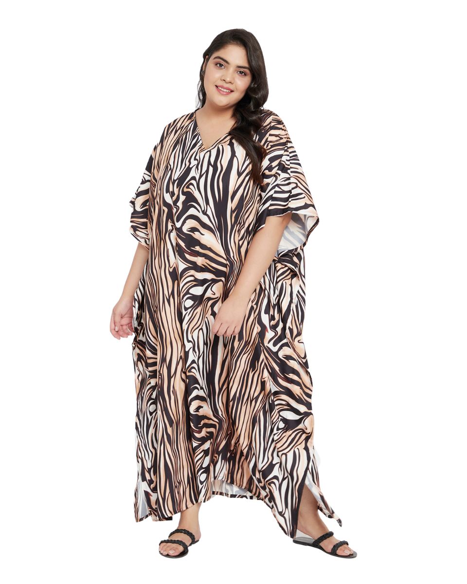 Abstract Brown and Black Polyester Women Kaftan Beach Cover up