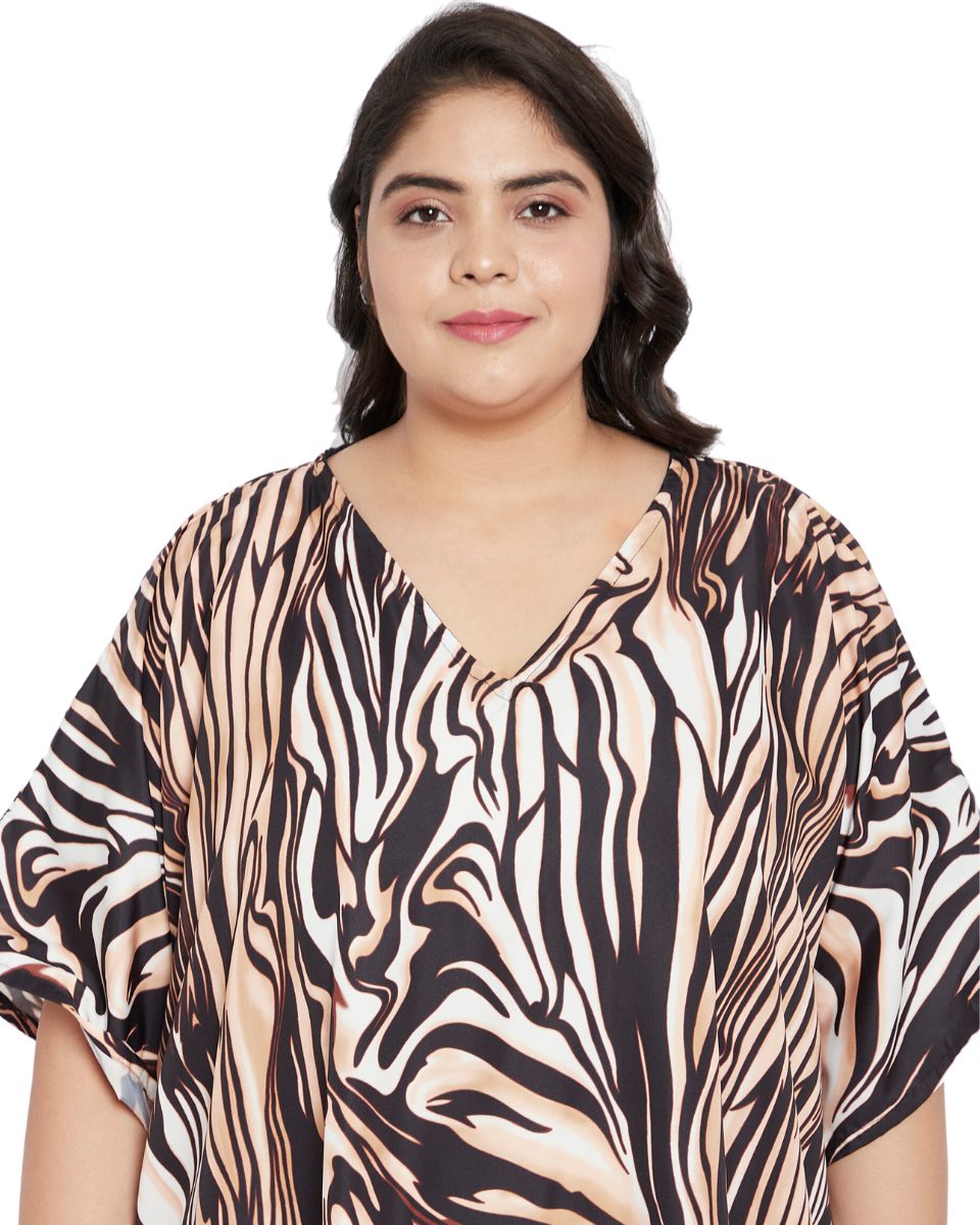 Abstract Brown and Black Polyester Women Kaftan Beach Cover up
