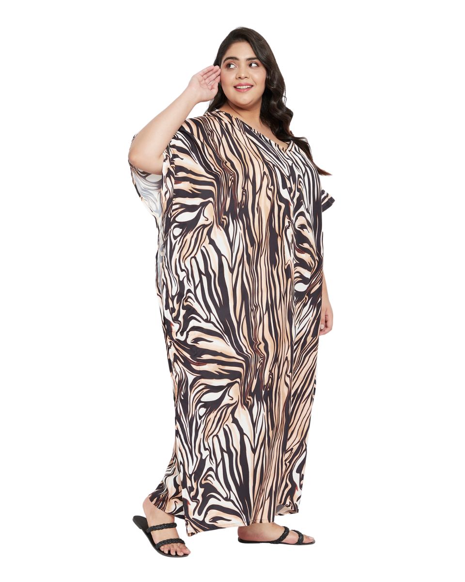 Abstract Brown and Black Polyester Women Kaftan Beach Cover up