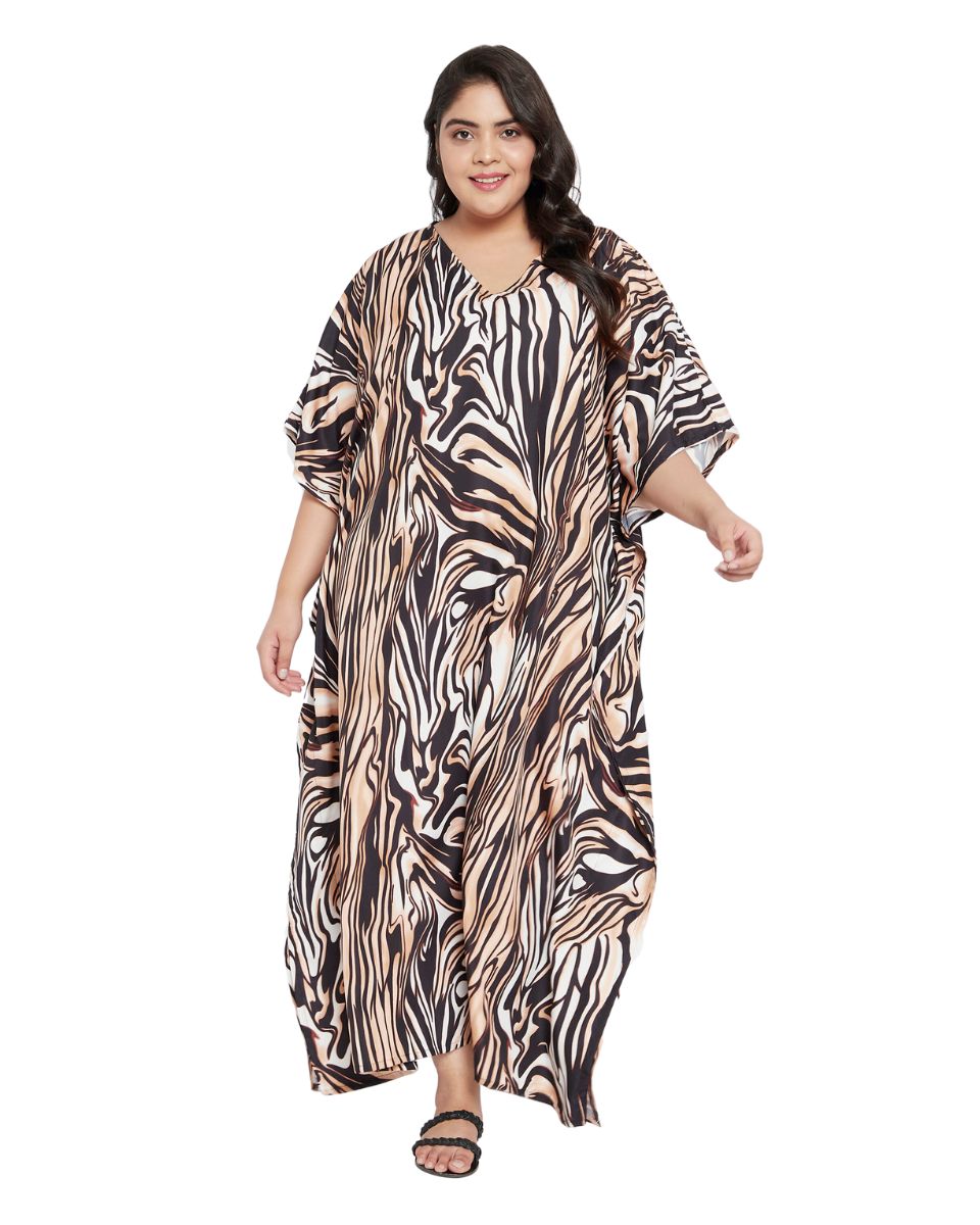 Abstract Brown and Black Polyester Women Kaftan Beach Cover up