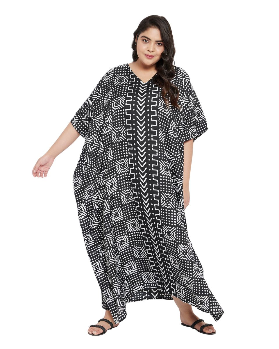 Geometric Printed Plus Size Black Polyester Kaftan Dress For Women