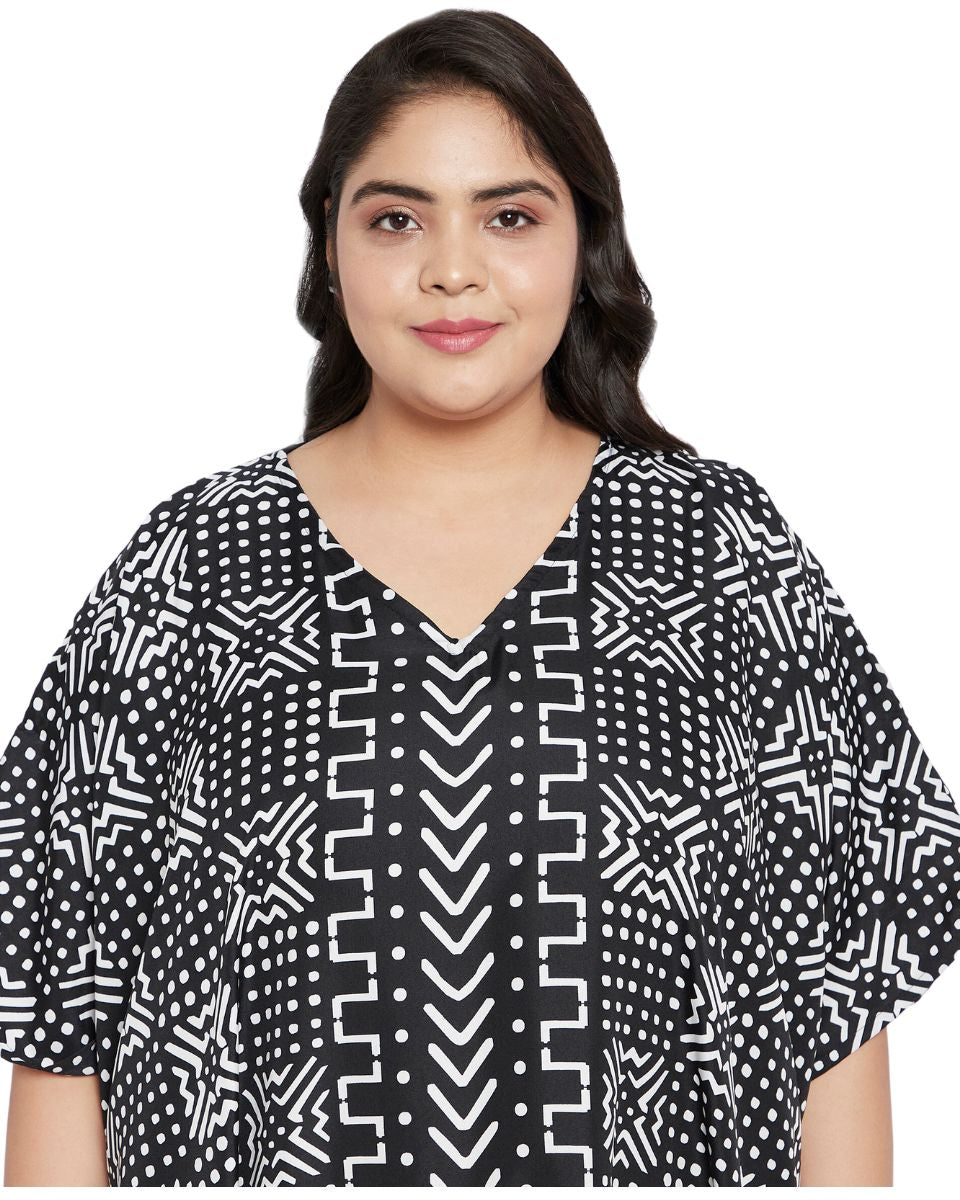 Geometric Printed Plus Size Black Polyester Kaftan Dress For Women