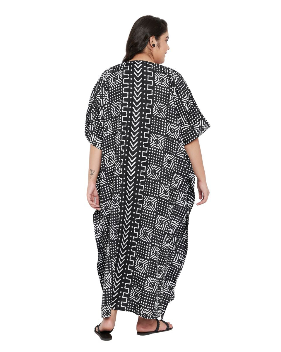 Geometric Printed Plus Size Black Polyester Kaftan Dress For Women