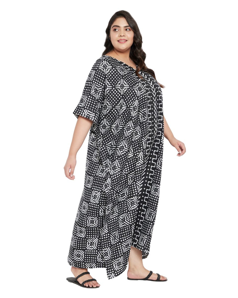 Geometric Printed Plus Size Black Polyester Kaftan Dress For Women