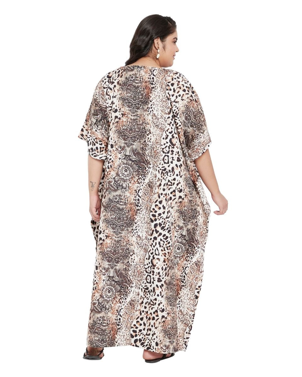 Animal Floral Print Off-White And Brown Polyester Kaftan For Plus Size Women