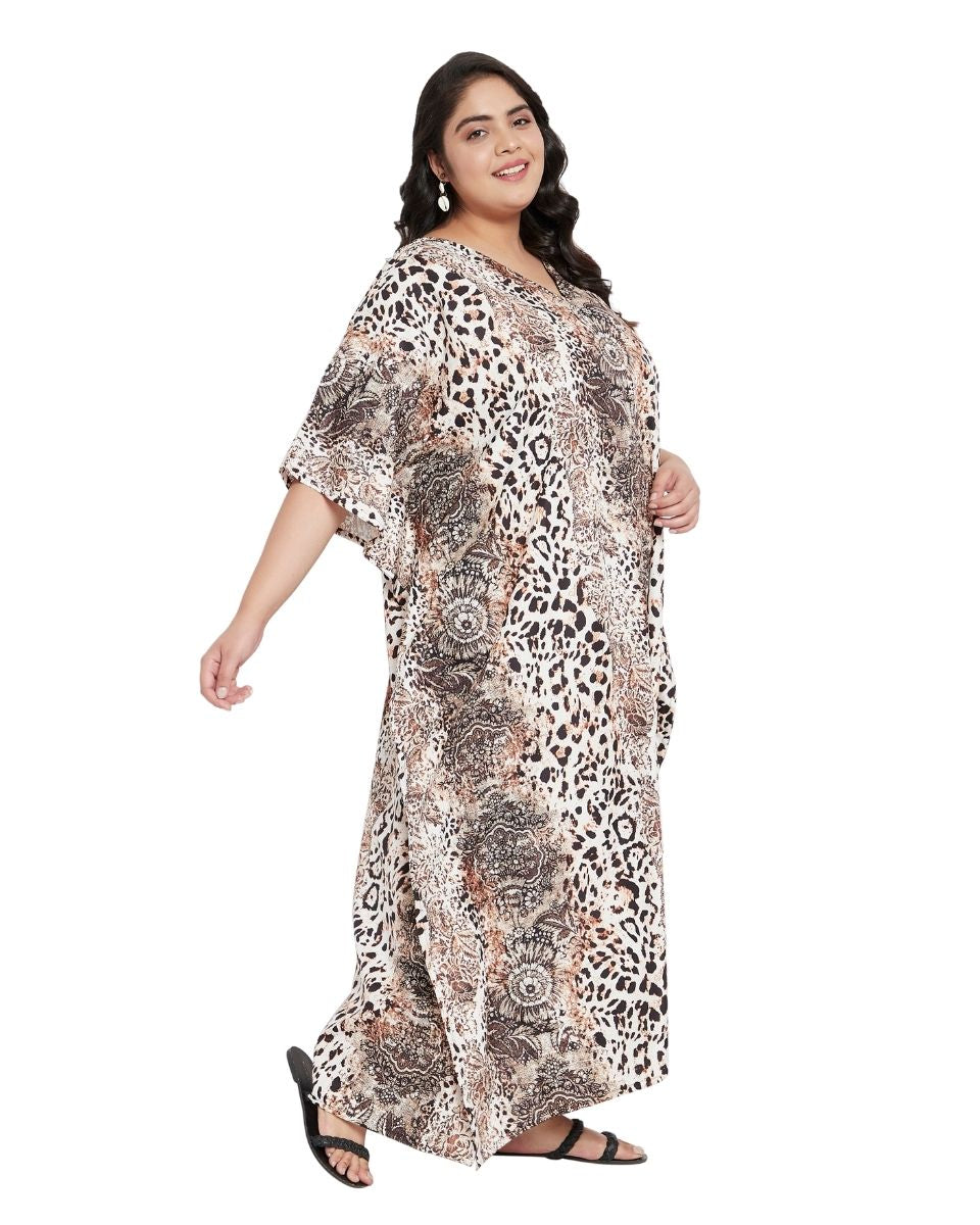 Animal Floral Print Off-White And Brown Polyester Kaftan For Plus Size Women
