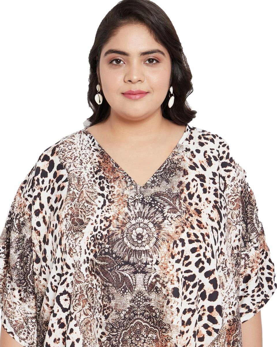 Animal Floral Print Off-White And Brown Polyester Kaftan For Plus Size Women