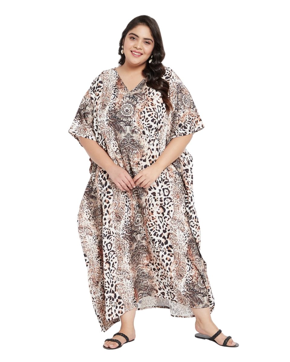 Animal Floral Print Off-White And Brown Polyester Kaftan For Plus Size Women
